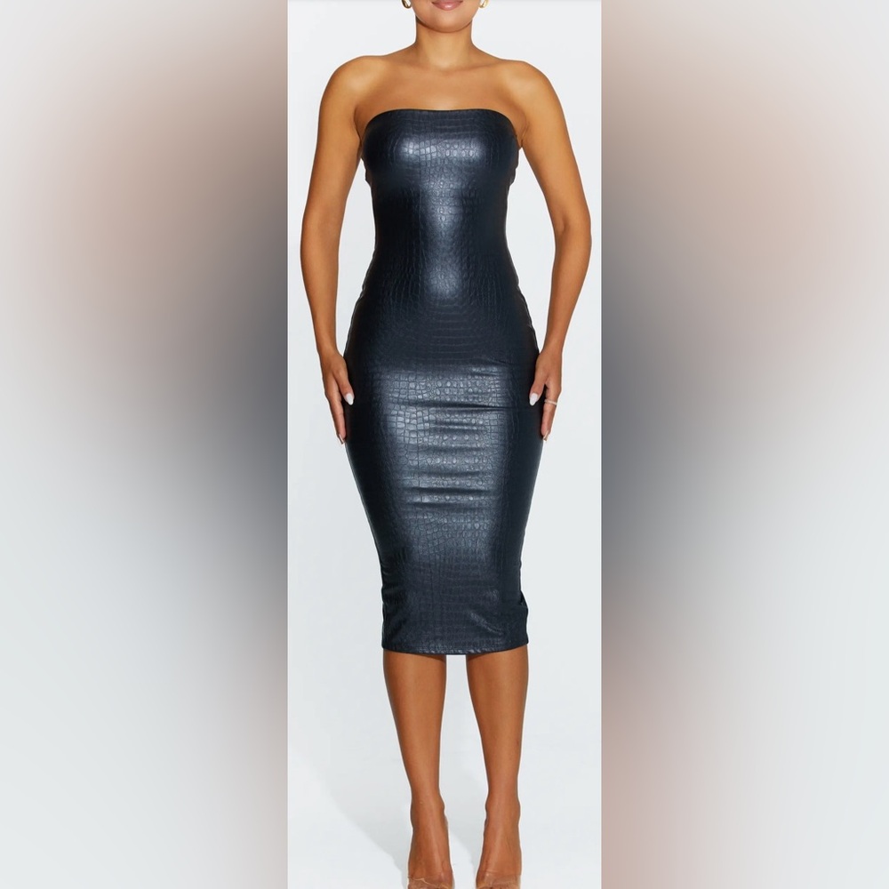 Naked black crocodile embossed faux leather strapless dress. NWT